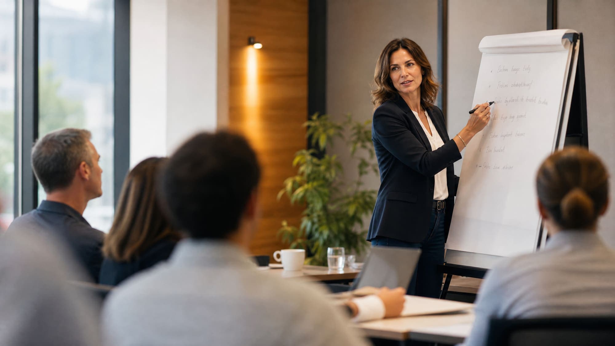 A trainer working at a flipchart with a small group