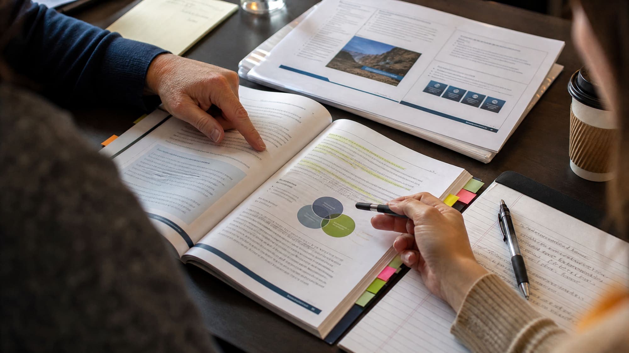 Two participants annotating a printed workbook on a table