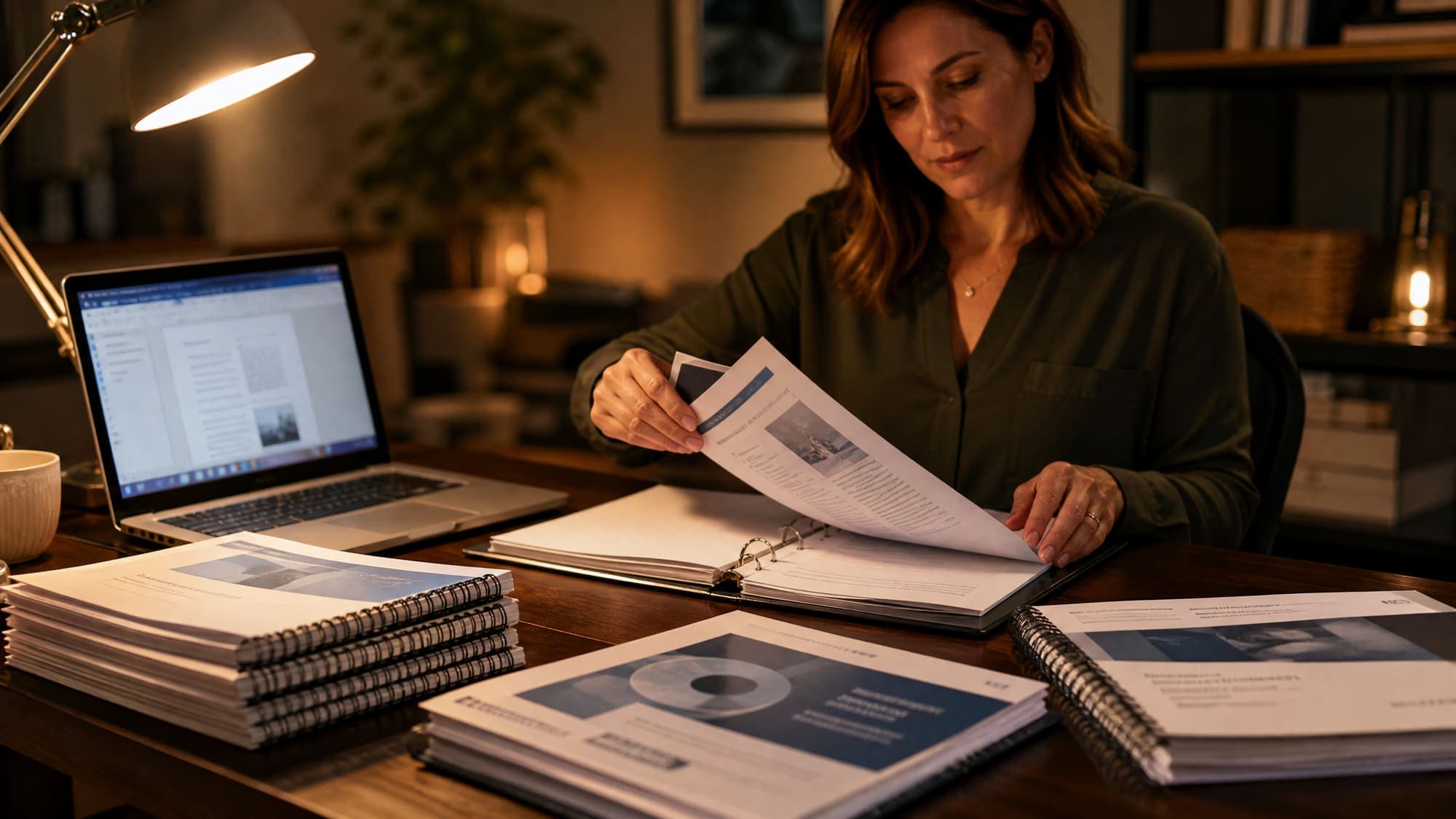 A trainer preparing materials at a desk in the evening